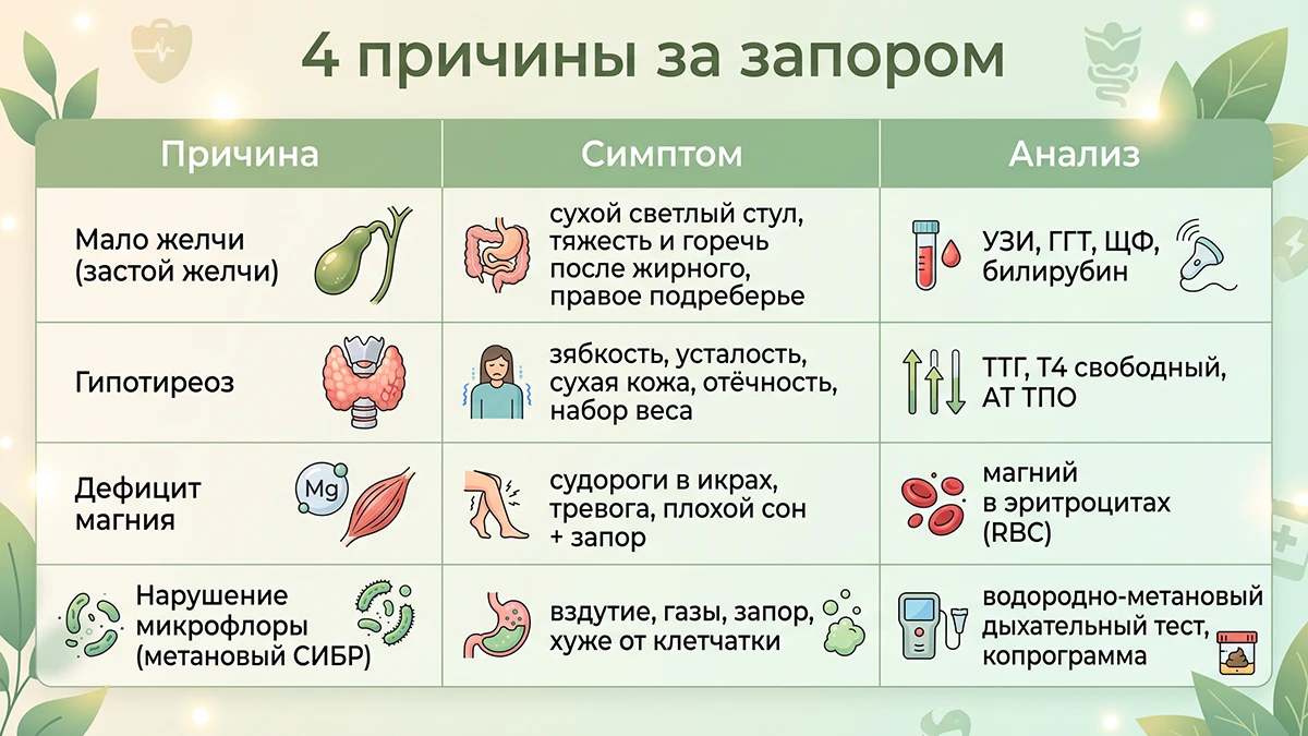 4 причины за запором: причина, симптом, анализ