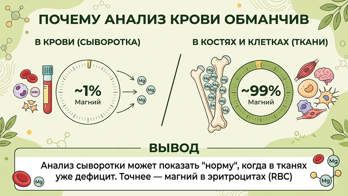 Почему анализ крови на магний обманчив: 1% в крови, 99% в тканях