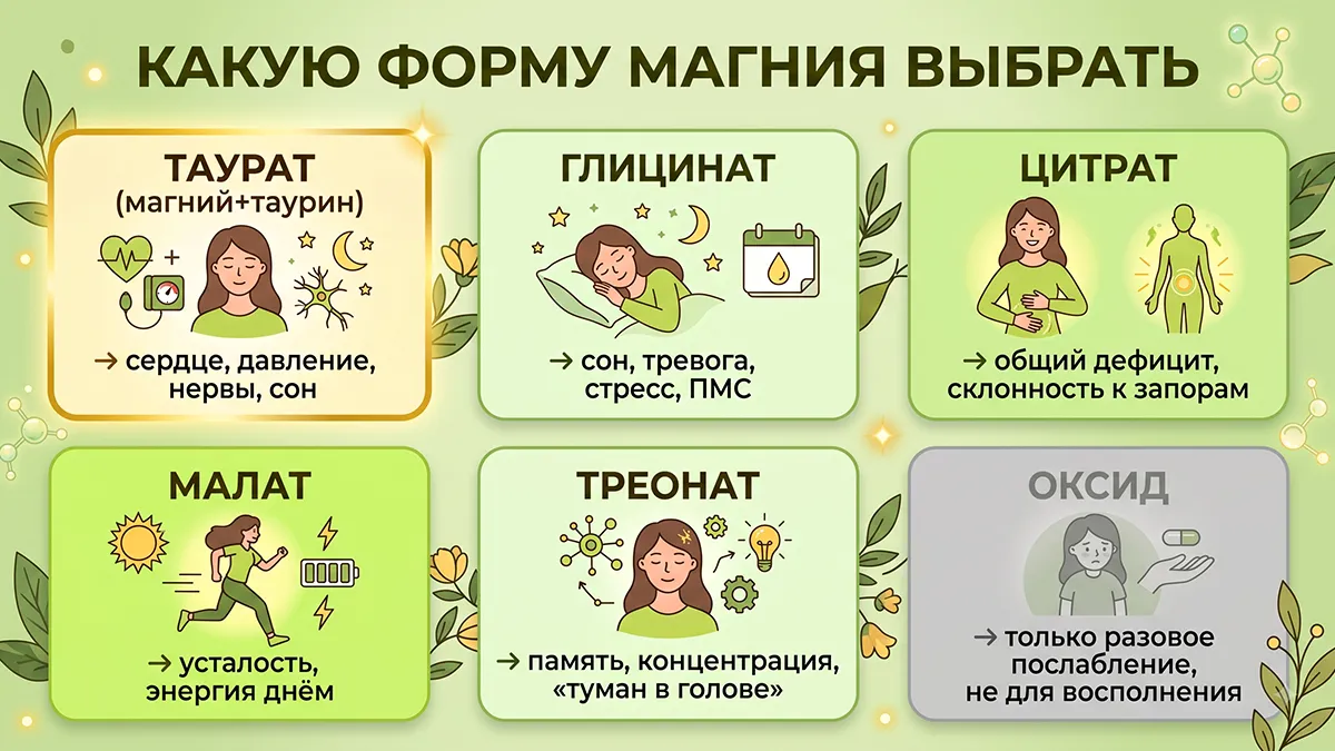 Какую форму магния выбрать: таурат, глицинат, цитрат, малат, треонат, оксид