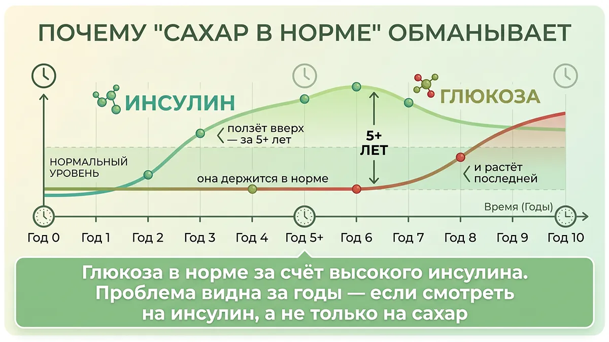 Почему сахар в норме обманывает: инсулин растёт за 5+ лет до глюкозы